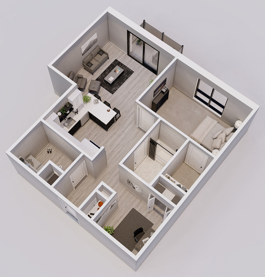 Floor plan for 1 bed, 1 bath, 837 sqft